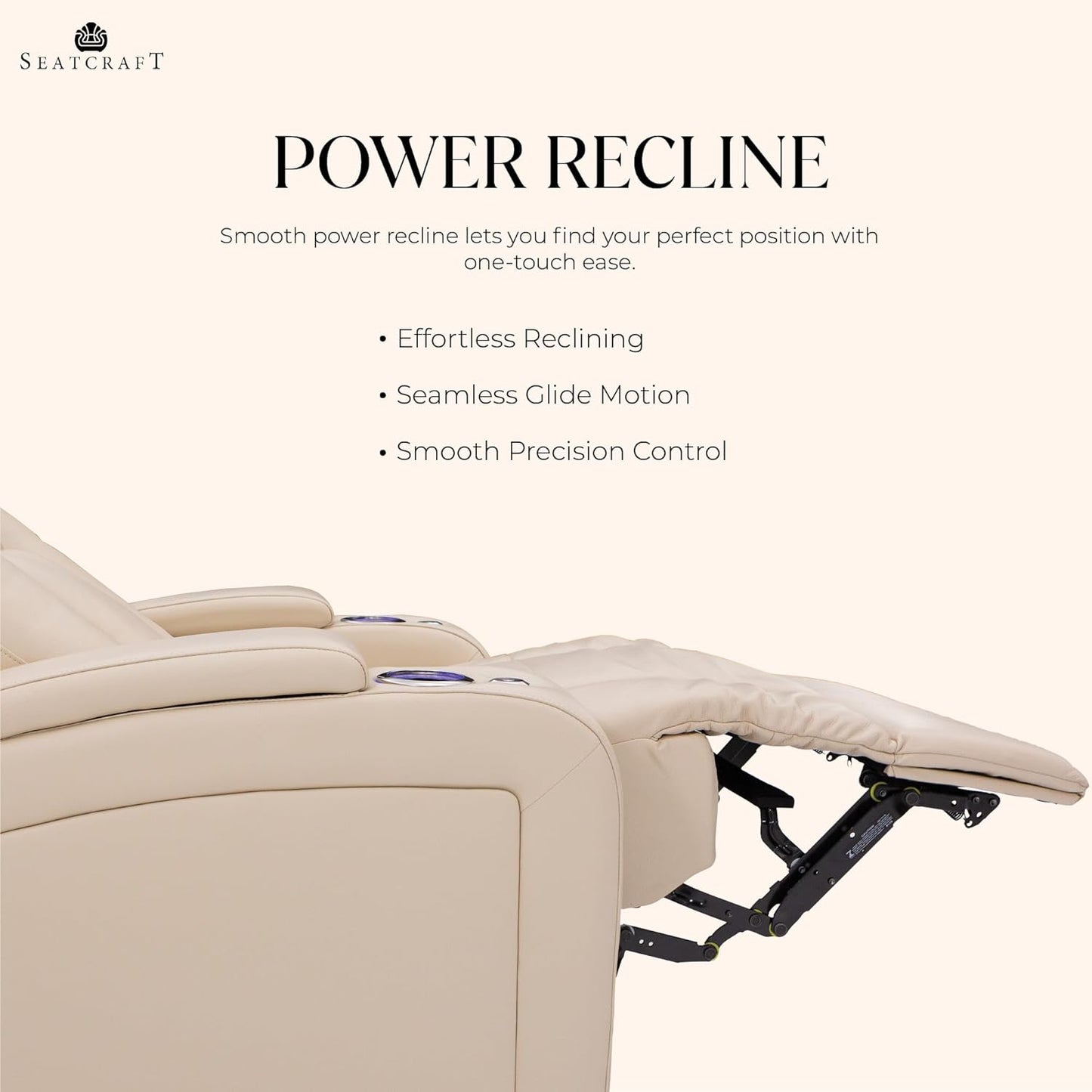 Seatcraft Serenity Leather Home Theater Seating - Living Room - Power Recline - Tray Tables - in-Arm Storage - Ambient Base Lighting and Lighted Cupholders (Row of 2, Cream)