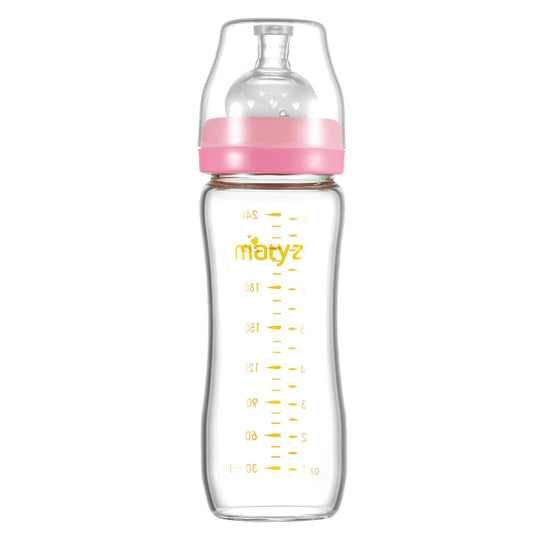 Matyz 8 Ounce Glass Baby Feeding Bottle With Nipple - Light and Slim, Easy to Hold and Clean - Food Grade Borosilicate Glass, Wide Neck for Breastmilk Feeding, No BPA (Pink Lids)