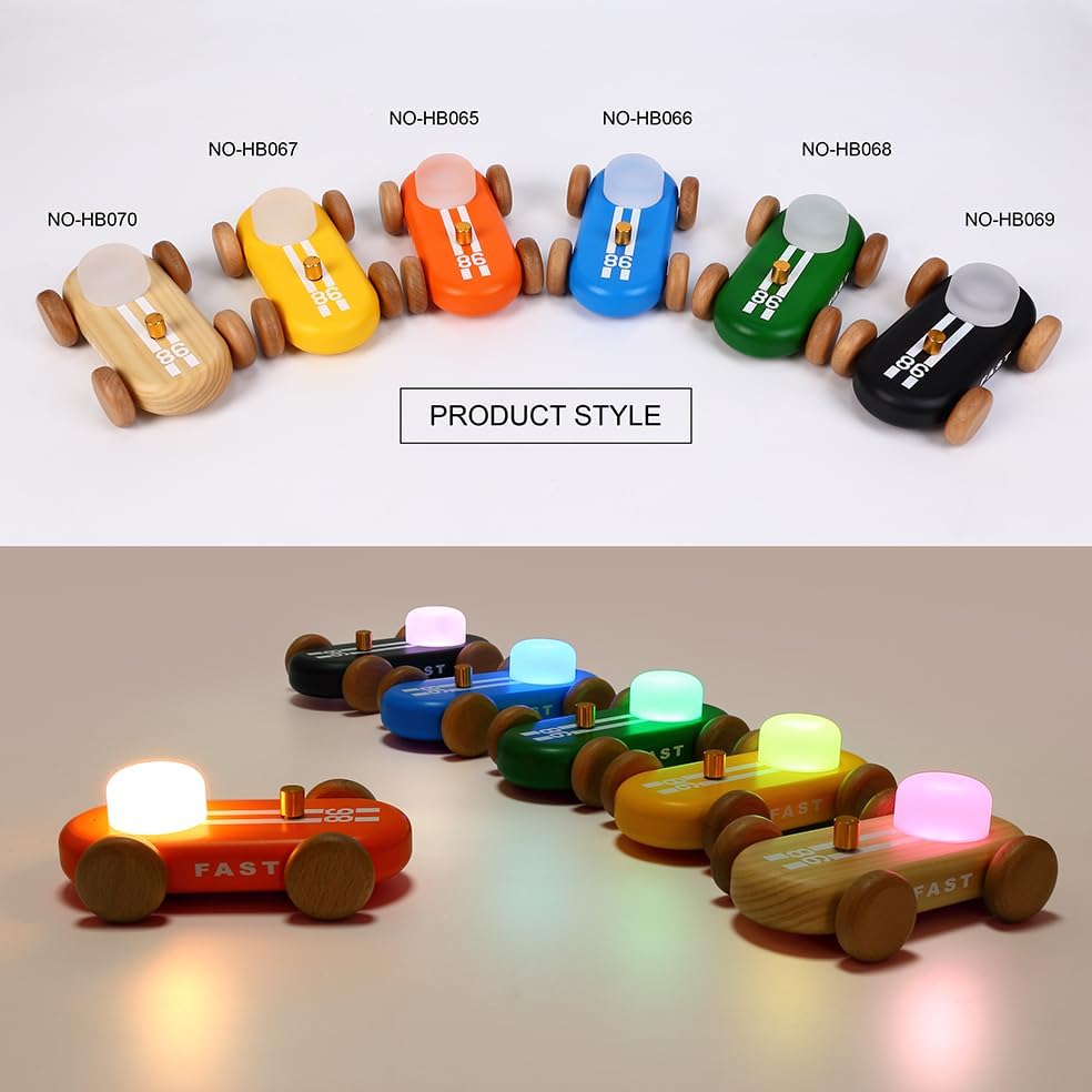Wooden Go-Kart Night Light for Kids, 7 Color Adjustable, USB Rechargeable (Yellow)