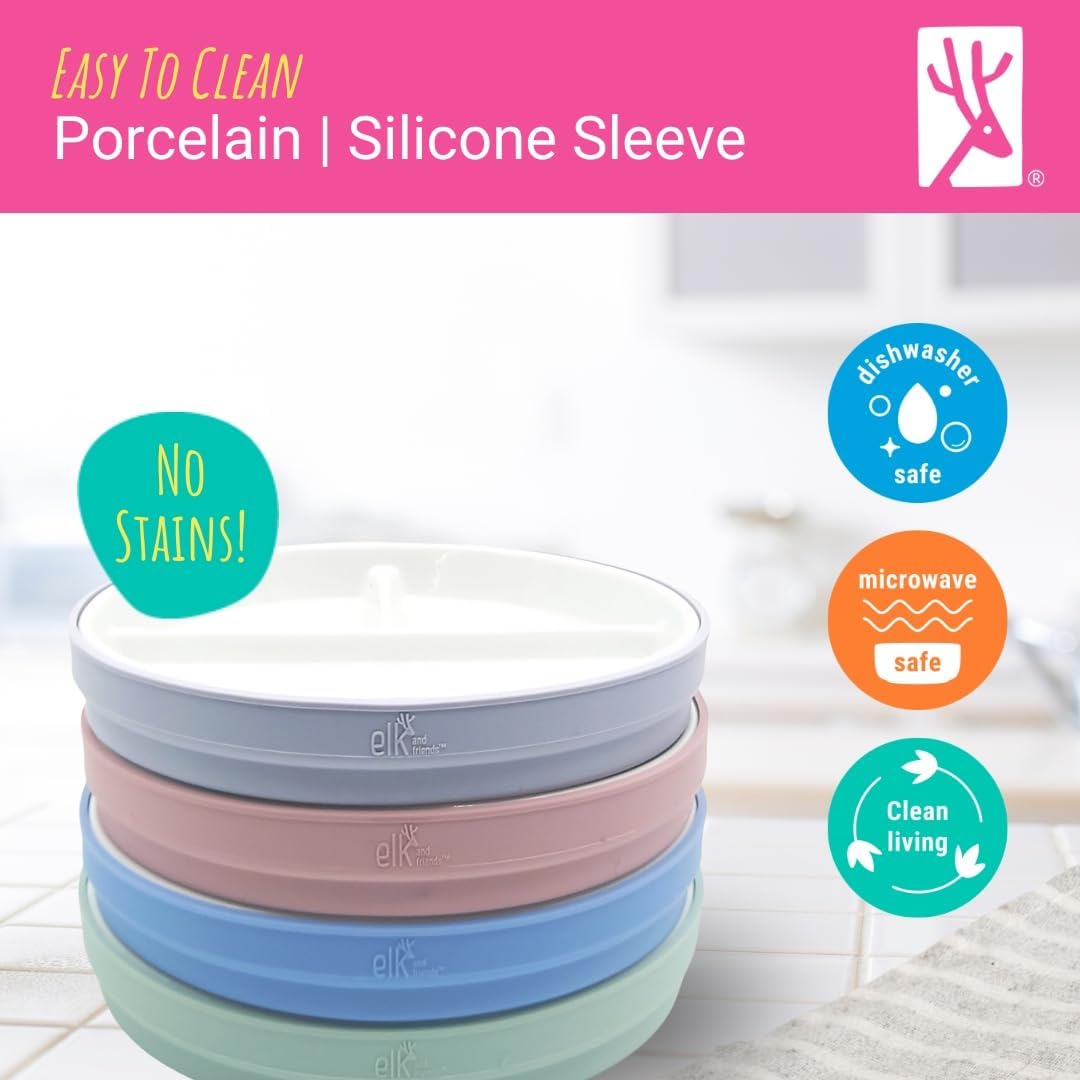 Elk and Friends Kids 6.7” Porcelain Divided Plates with Silicone Sleeves + Silicone Lids | Suitable for Babies/Kids/Toddlers | Microwave & Dishwasher Safe | Non Slip | Snack Dishes