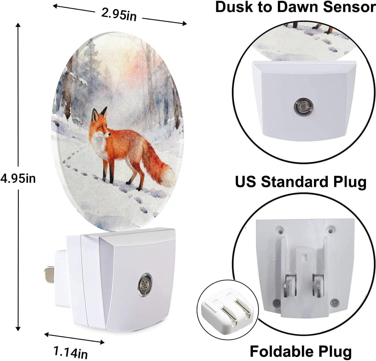 Winter Woods Landscape Night Light Fox in The Snow Dusk to Dawn Plug-in Nightlight Auto Sensor for Bedroom Bathroom Hallway Living Room