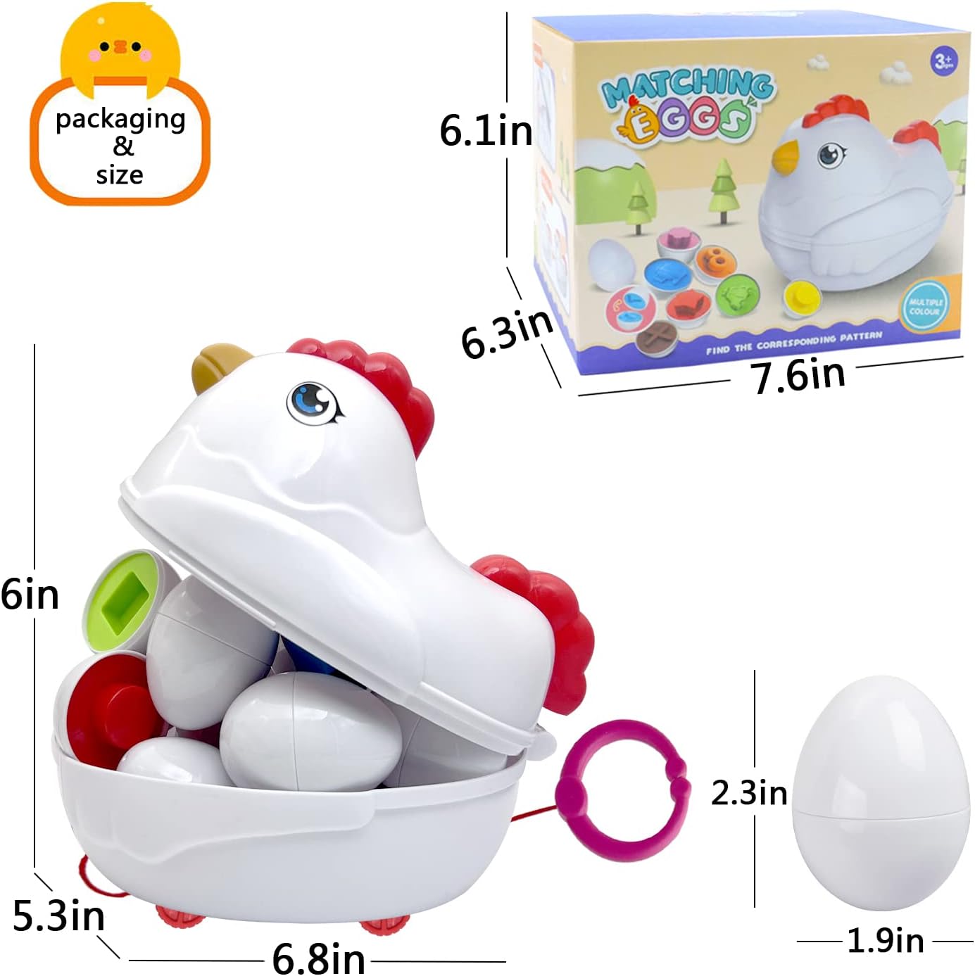 Easter Matching Eggs Toddler Toy with Push & Pull Chicken Box, 12 Pcs Montessori Sorter Learning Educational Toy, Multiple Shapes and Colors Fine Motor Skills Sensory Toy, Gift for Boys Girls