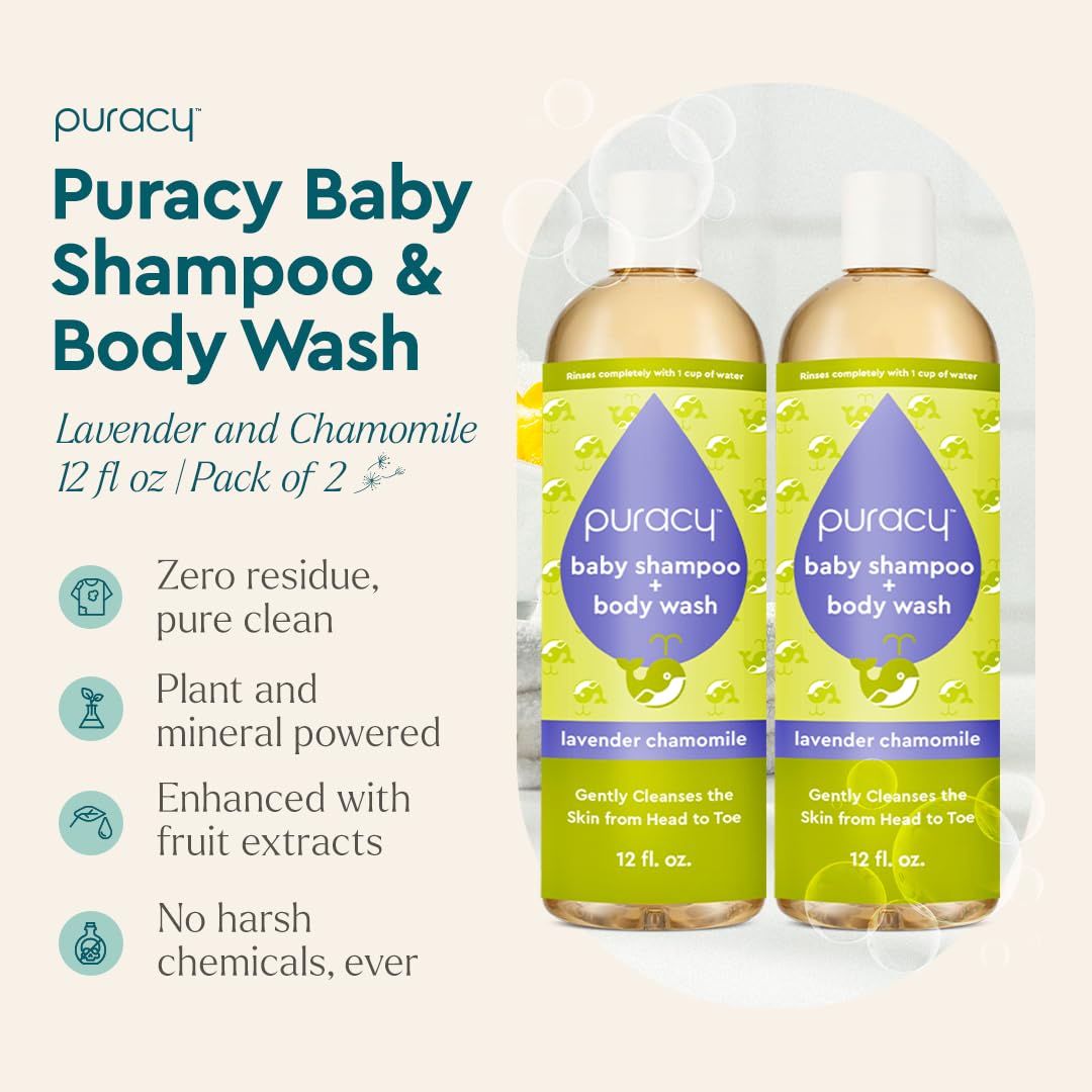 Puracy Baby Shampoo & Body Wash for Children - Pure Ingredients with 12 Fruit & Vegetable Extracts for Silky Smooth Skin, Gentle Lavender Chamomile Aroma, Baby Shampoo, Baby Body Wash 12 Oz (2-Pk)