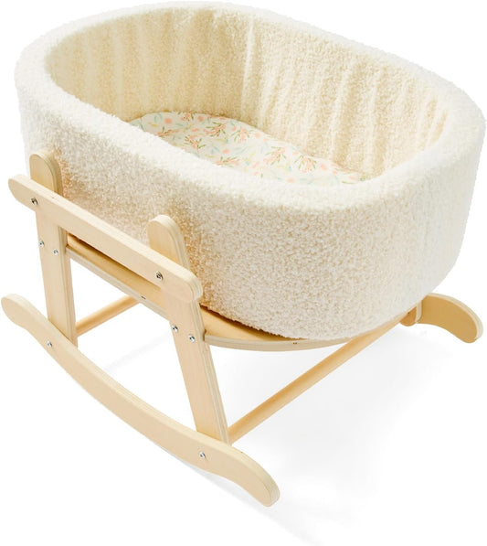 Wooden Baby Doll Crib, Baby Doll Bed Toys for Cat Dog, Wooden Boucle Bassinet for Dolls Up to 16 Inch, Doll Accessories with Mattress and Bassinet, Gift for Boys & Girls