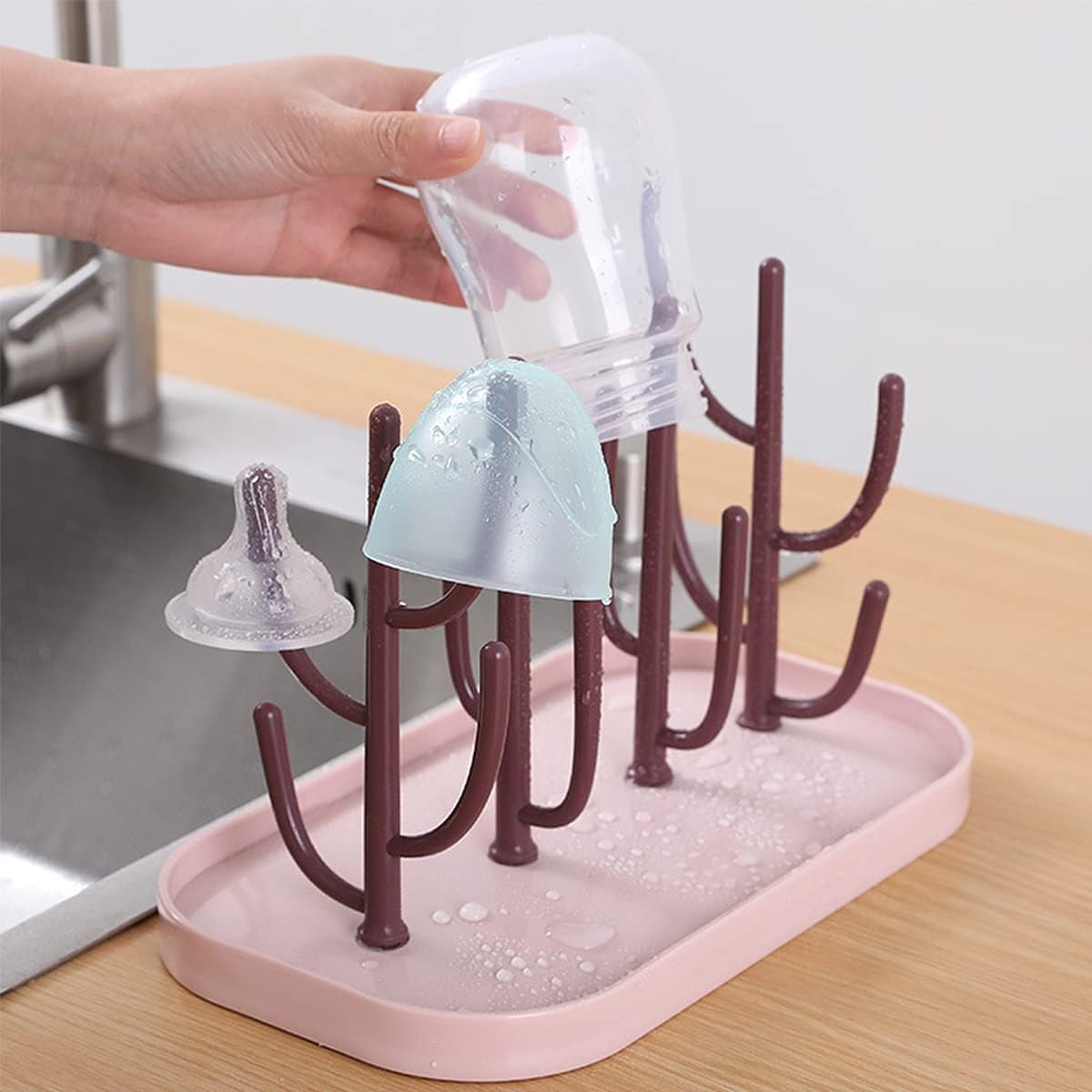 Baby Essentials,Bottle Drying Rack,Baby Bottle Drying Rack,Drying Rack for Kitchen Counter,Detachable Bottle Dryer Holder with Base.for Nipples,Cups,Pump Parts and Accessories(Pink)