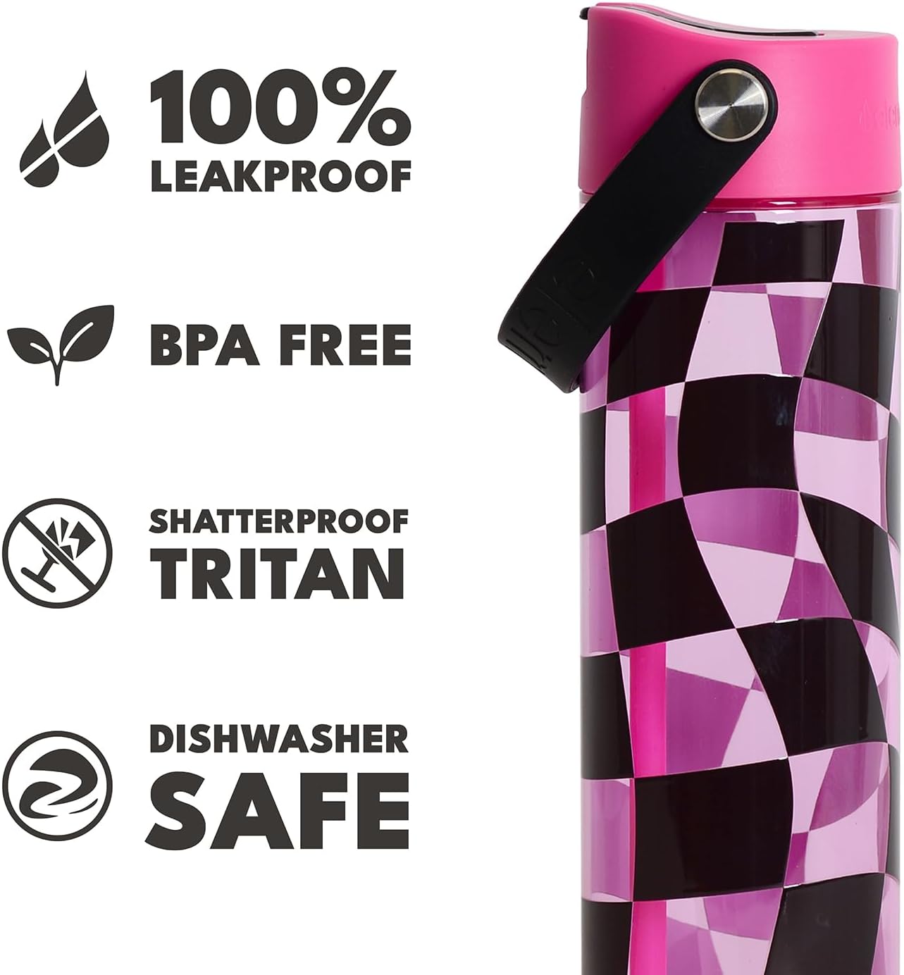 Elemental Splash Water Bottle with Straw - BPA-Free Tritan Plastic Reusable Water Bottle with Strap - Ideal for Travel, Gym and Sports - Leak Proof when Spout is Closed - 26oz - Pink Checkers