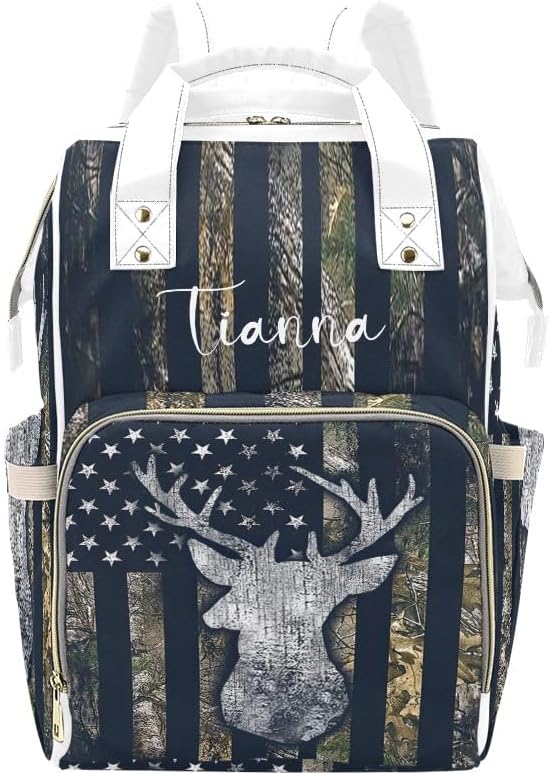 American Flag Camo Deer Diaper Bags with Name Waterproof Mummy Backpack Nappy Nursing Baby Bags Gifts Tote Bag for Women One Size