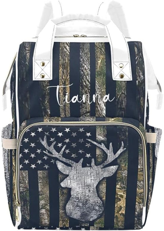 American Flag Camo Deer Diaper Bags with Name Waterproof Mummy Backpack Nappy Nursing Baby Bags Gifts Tote Bag for Women One Size