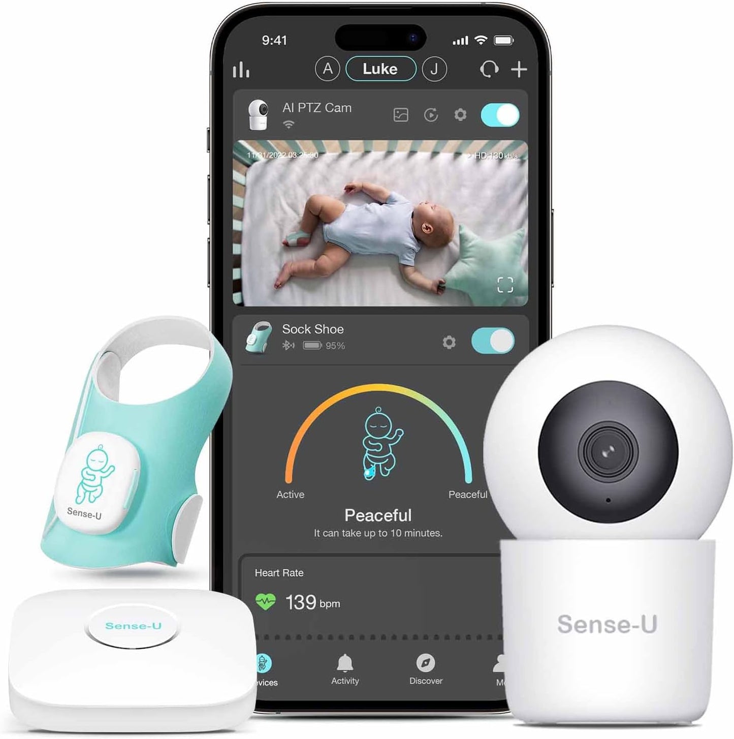 Sense-U Smart Sock Shoe Baby Monitor & 2.5K PTZ Camera - Track Heart Rate, Sleep Movement with Pan-Tilt-Zoom Video, Cry Detection, Audio
