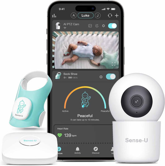 Sense-U Smart Sock Shoe Baby Monitor & 2.5K PTZ Camera - Track Heart Rate, Sleep Movement with Pan-Tilt-Zoom Video, Cry Detection, Audio