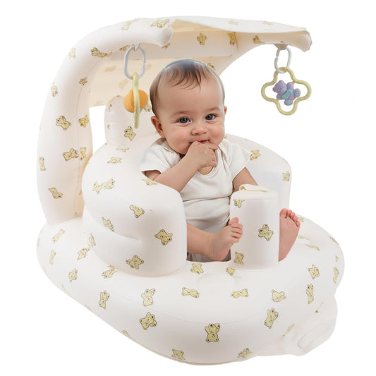 Inflatable Baby Chair with Canopy and Sensory Ornament, Inflatable Baby Seat for Babies 3 Months & Up Sitting Up, Blow Up Infant Floor Seat with Built in Air Pump - Bear