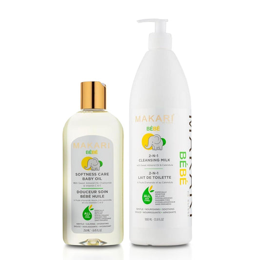 MAKARI Baby Care Essentials Bundle: Softness Care Baby Oil (8.4 oz) with Sweet Almond & Chamomile + Bebe Cleansing Milk (1000 ml) - Gentle, Hypoallergenic Skincare for Sensitive Newborns and Infants
