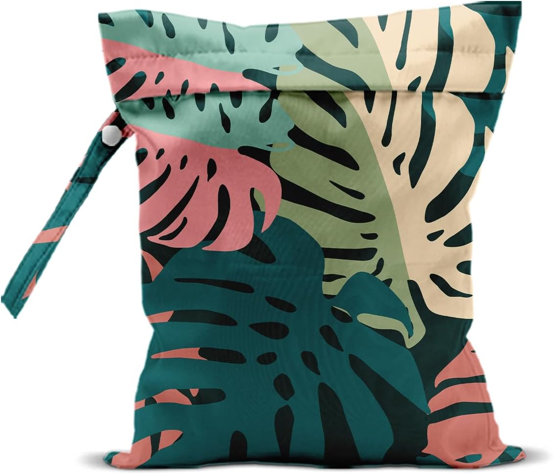 Palm Leaves Wet Bag 12x10 Inch, Green Summer Waterproof Travel Laundry Bags, Washable Reusable Wet Dry Bag for Swimsuit Beach Diapers Dirty Yoga Gym Clothes, Plant Gifts for Women Friend