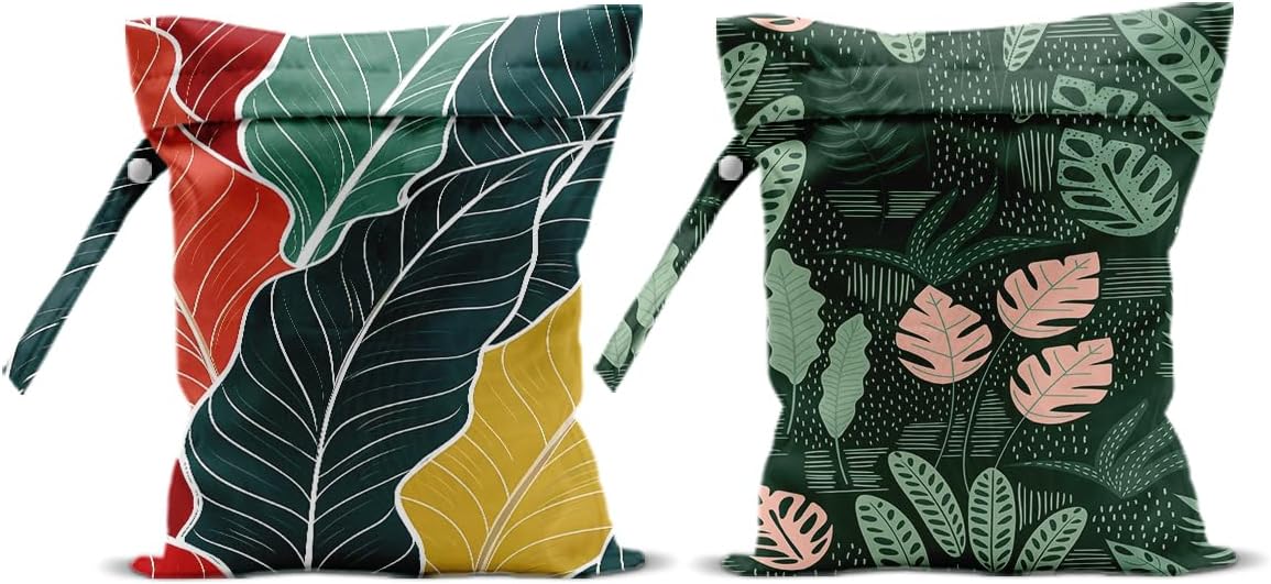 2Pcs Palm Leaves Wet Bags 12x10 Inch, Summer Plant Waterproof Wet Dry Bags, Washable Travel Laundry Bag for Swimsuit Beach Diapers Dirty Yoga Gym Clothes, Plant Gifts for Women Friend Travelers