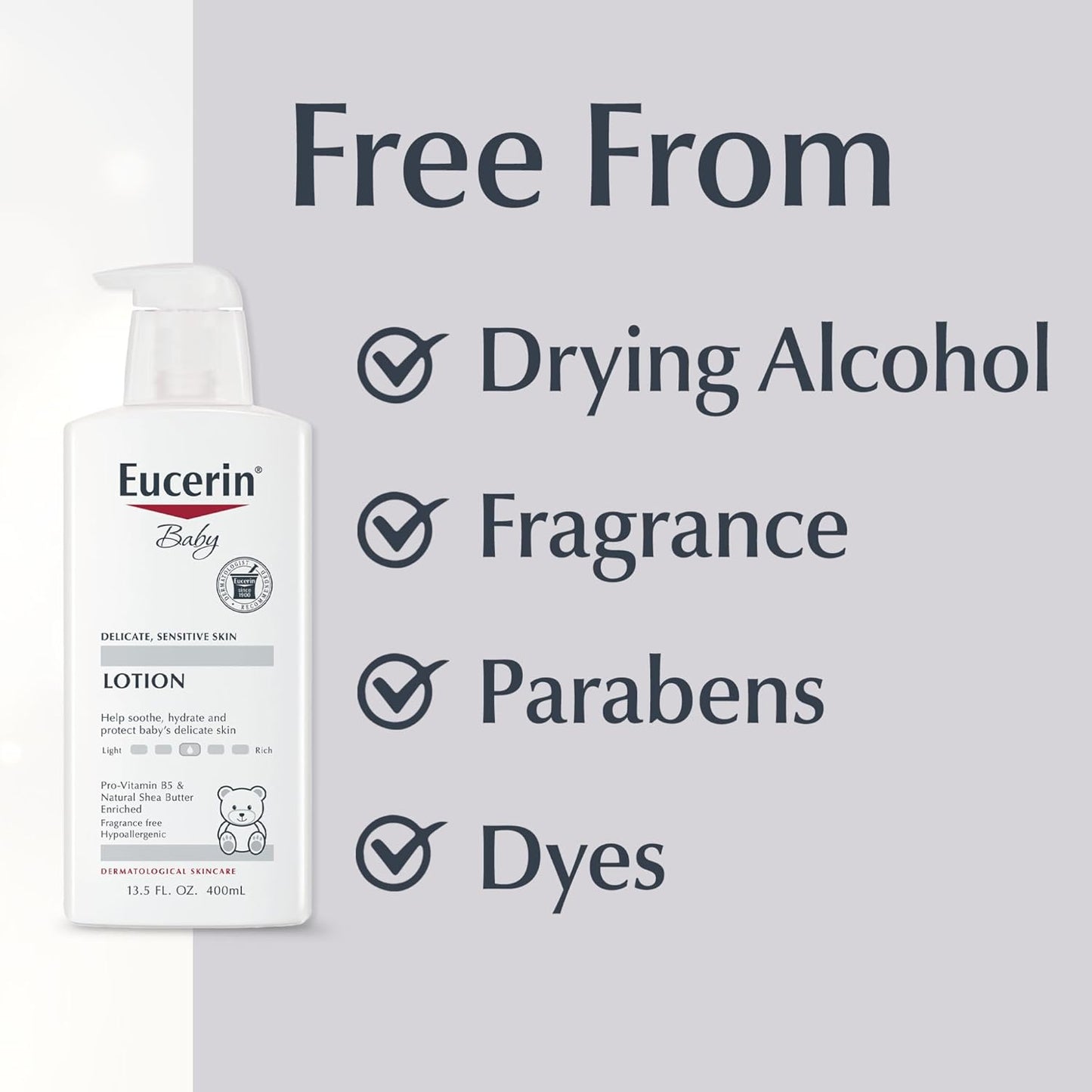 Eucerin Baby Body Lotion, Hypoallergenic and Fragrance Free Baby Lotion with Pro-Vitamin B5 and Shea Butter, 13.5 Fl Oz Bottle