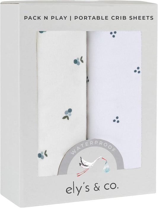 Ely's & Co. Patent Pending Waterproof Pack and Play Sheets, 100% Cotton with Waterproof Lining – 2 Pack Fitted Mini Crib Sheet Set, Berry and Cluster Dot (Blue) 38” x 24”