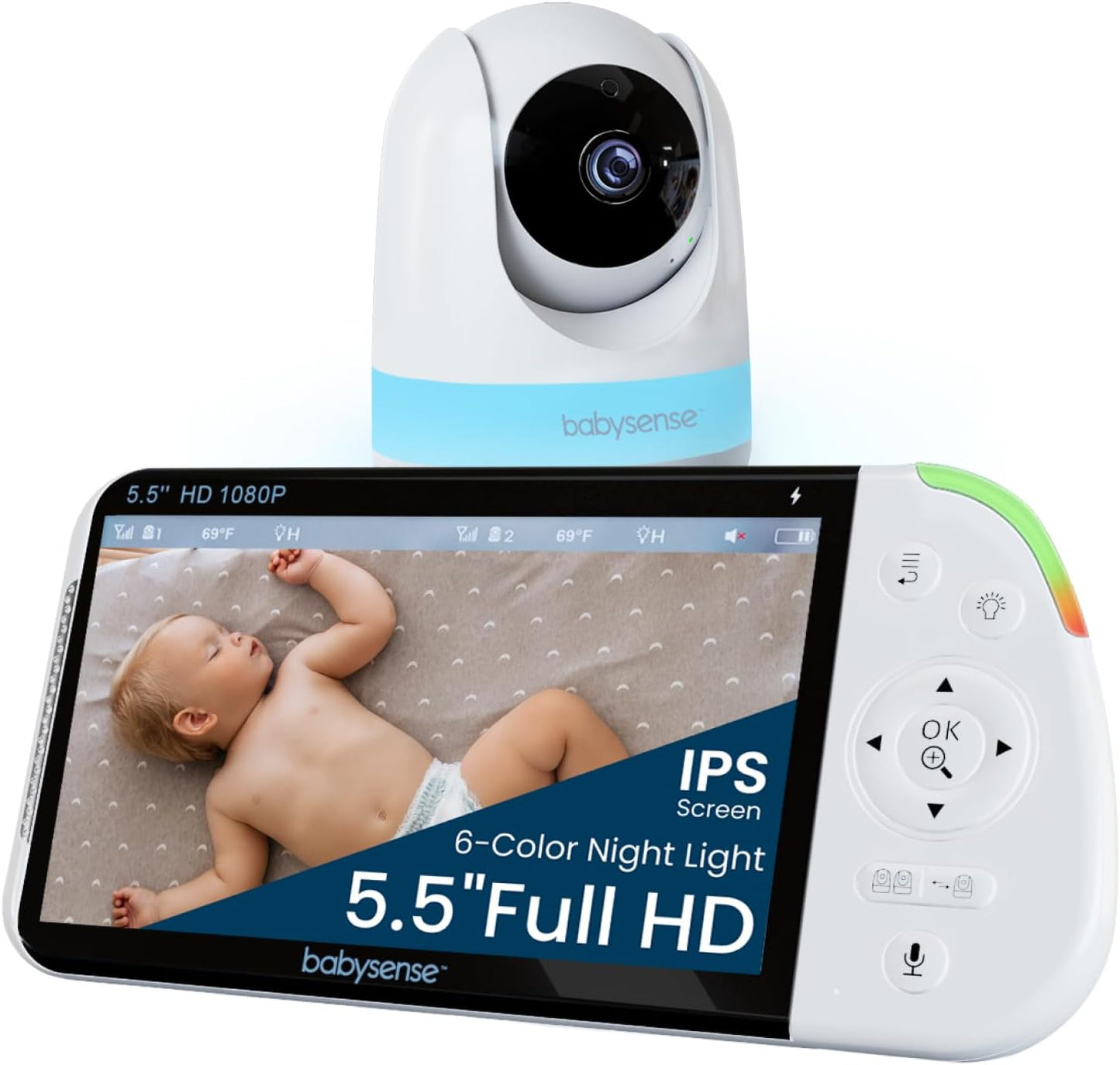 Babysense Full HD 5.5" Split Screen Baby Monitor with Camera and Audio, 6-Color Night Light, White Noise, Sound & Light Machine, 20-Hour Battery, Hack-Proof Non-WiFi Secure Connection
