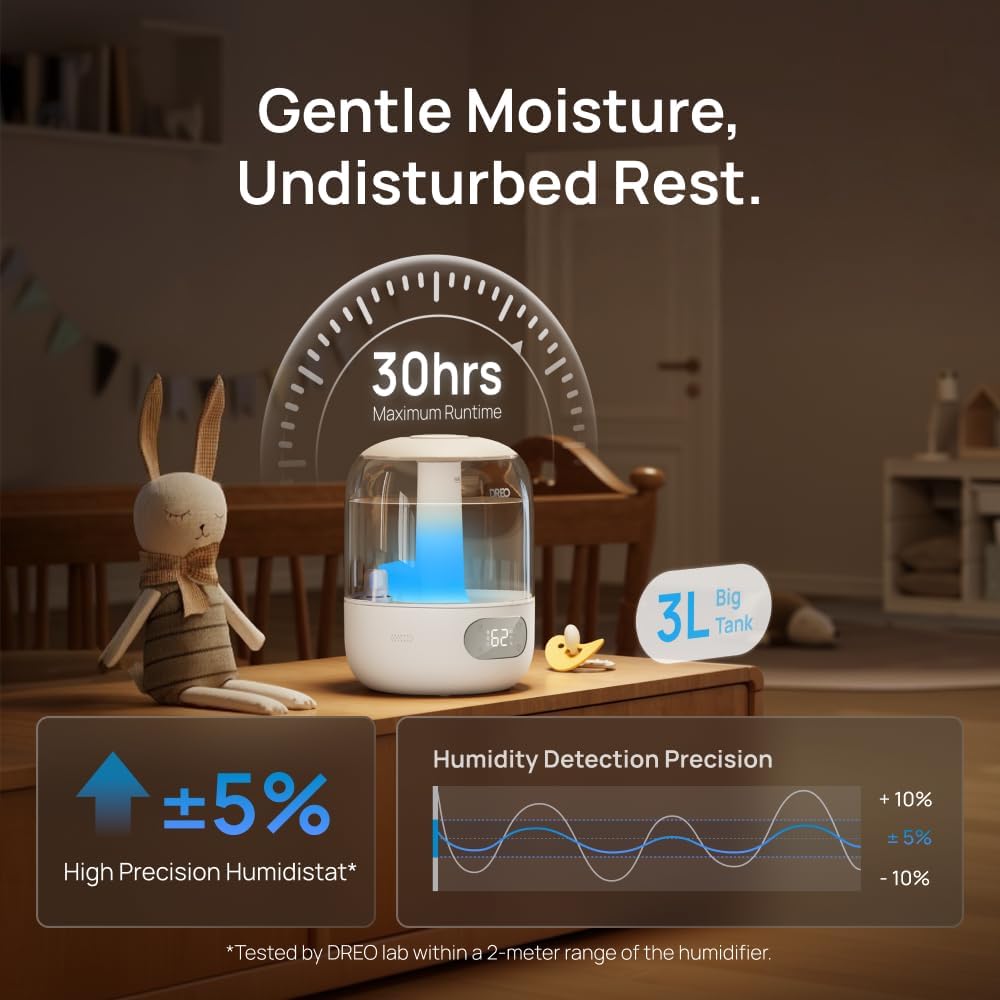 Dreo Cool Mist Humidifiers for Baby, 3L Top Fill, 26dB Quite, Ambient Indicator Light for Nursery, Less Refill, Indoor, Adjustable Nozzle, New Edition