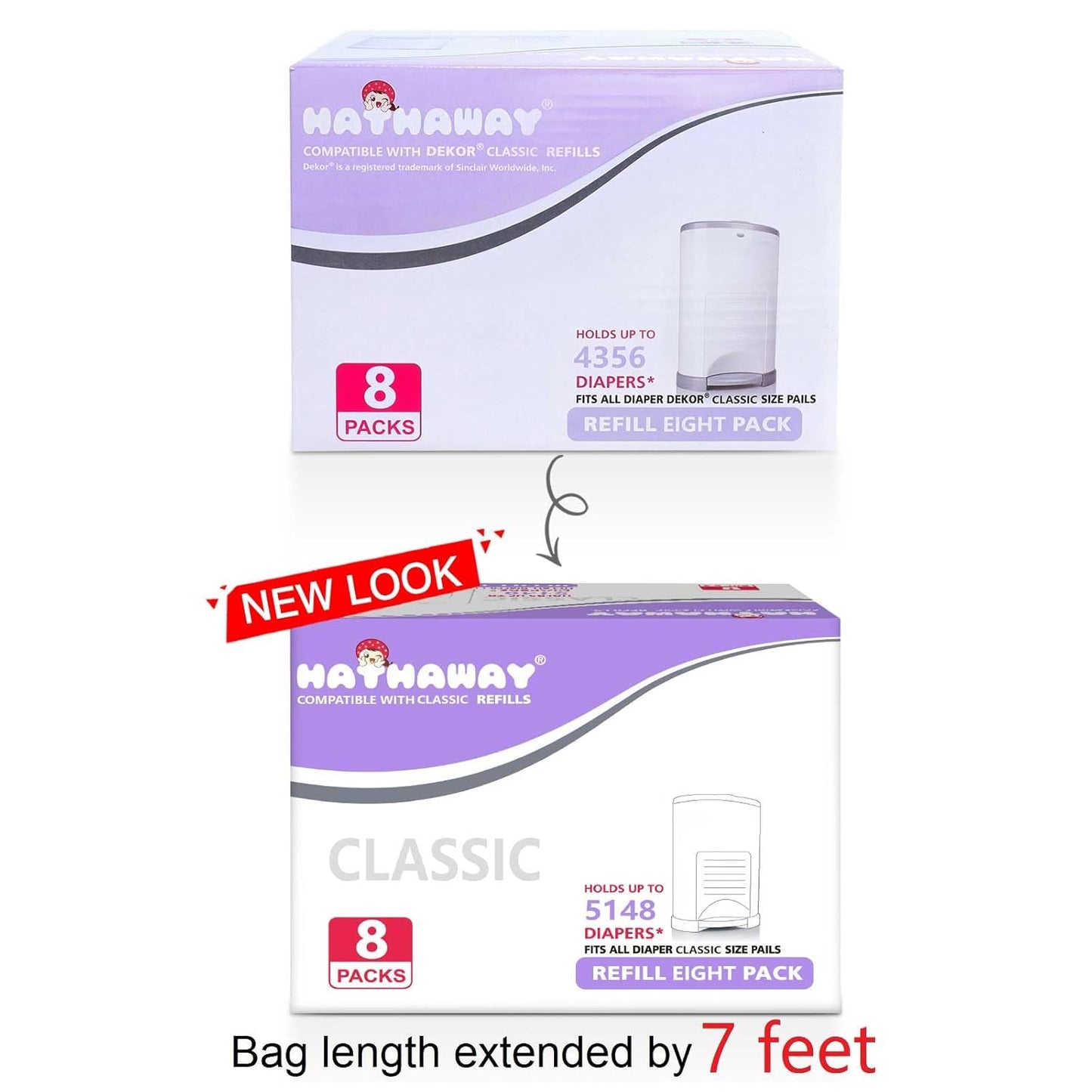 Diaper Pail Refill Bags Compatible with Dekor Classic Diaper Pail, Extra 30% Length, Hold up to 5148 Diapers, Lavender Scent, 8 Pack