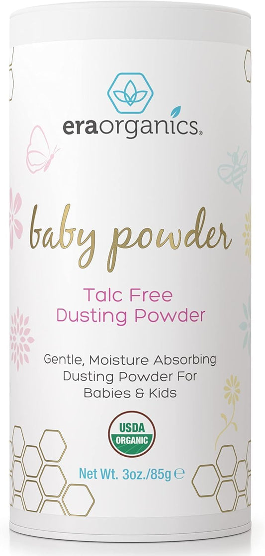 Era Organics Talc-Free Organic Baby Powder - USDA Organic Dusting Powder with Arrowroot, Calendula and Cornstarch for Newborns, Babies or Toddlers - Soothing, Fragrance Free, Made in USA (3oz/85g)