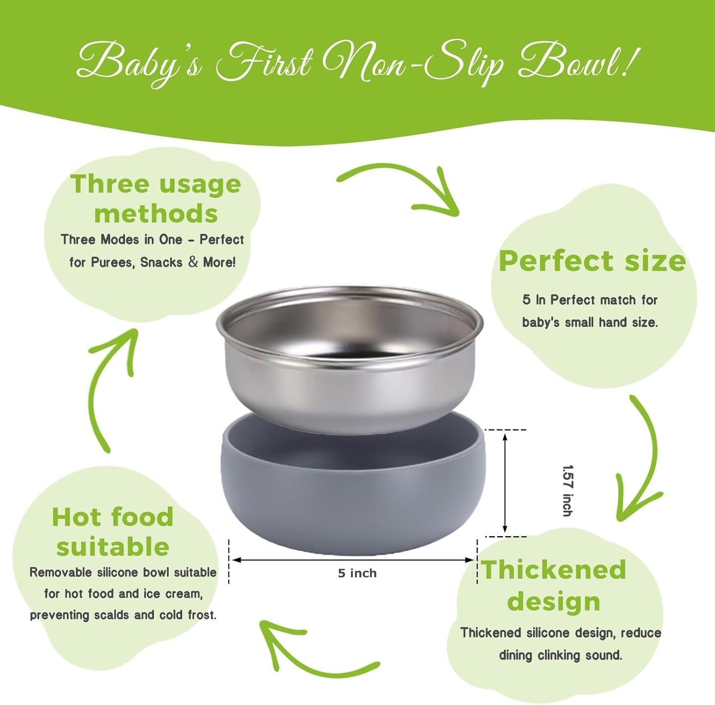 Non-Toxic Toddler Bowls with Non-Slip Base | Stainless Steel Baby Bowls for Kids | 5 Inch BPA-Free Dishwasher Safe Bowls | Mess-Free Feeding Supplies | 2-Pack Set