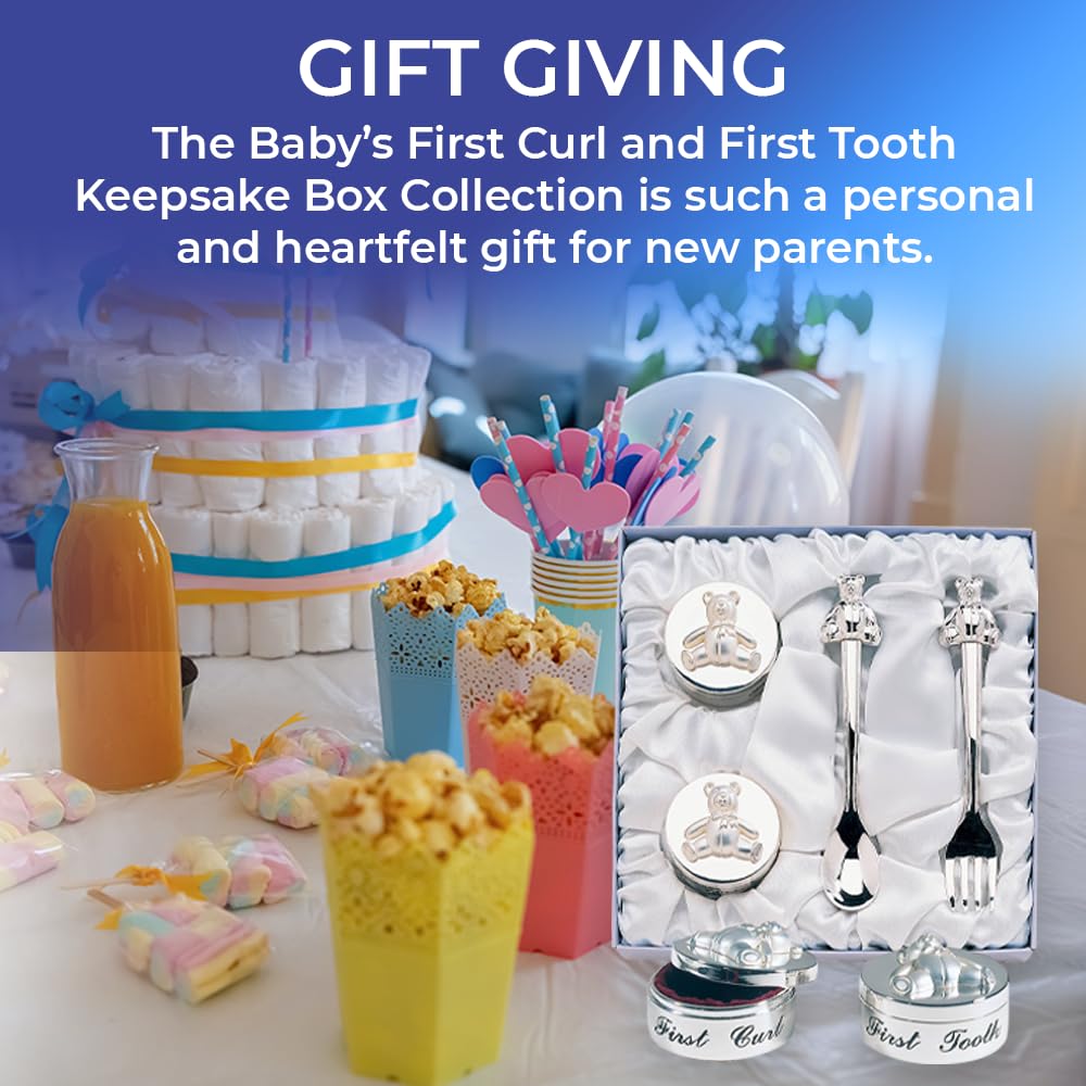 Baby’s First Curl and First Tooth Keepsake Box Collection | Adorable Teddy Bear Designs | Charming Gift | Satin-Lined White Gift Box | 6” Square