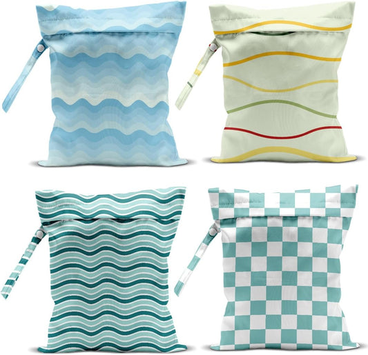 4 Pack Wet Bag for Swimsuit, Beach Travel Essentials Wet Dry Bag, for Sunscreen Toiletry Dirty Clothes Yoga Gym Diaper, Friend Summer Beach Vacation Gifts. Wave, grid