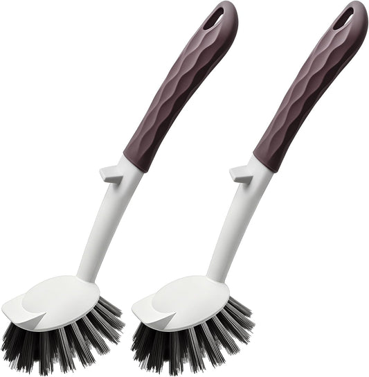 Dish Brush, 2 Pack with Comfortable Handle, with Built-in Scraper, Scrub Brush with Stiff Bristles for Cleaning Dishes, Sink, Pots (Brown)