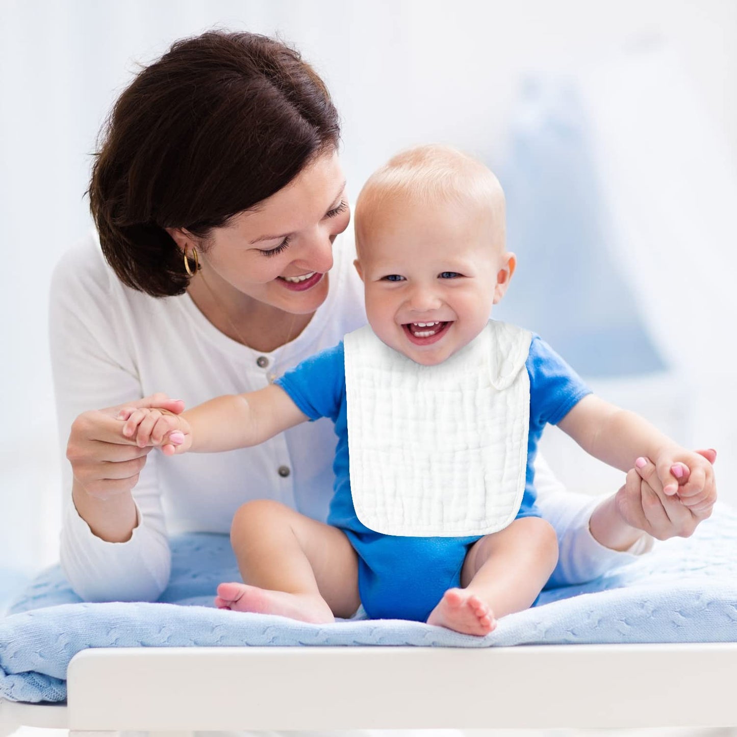 Zainpe 6Pcs Snap Muslin Cotton Baby Bibs White Adjustable Drool Bib with 6 Absorbent Soft Layers, Machine Washable Unisex Burp Cloths for 3 to 36 Months Boys Girls Infant Newborn Toddler