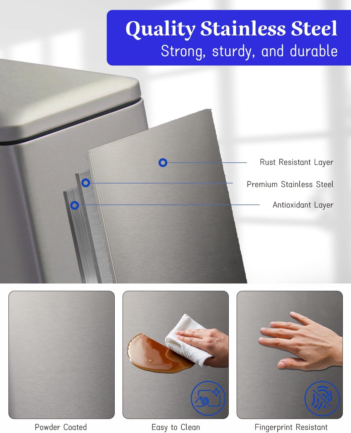 Trash Can, 2.6 Gallon Bathroom Trash Can with Lid, Stainless Steel Garbage Can with Removable Liner, 10 Liter Rectangle Step Trash Bin for Office, Bedroom, Living Room, Dorm, Kohler Grey