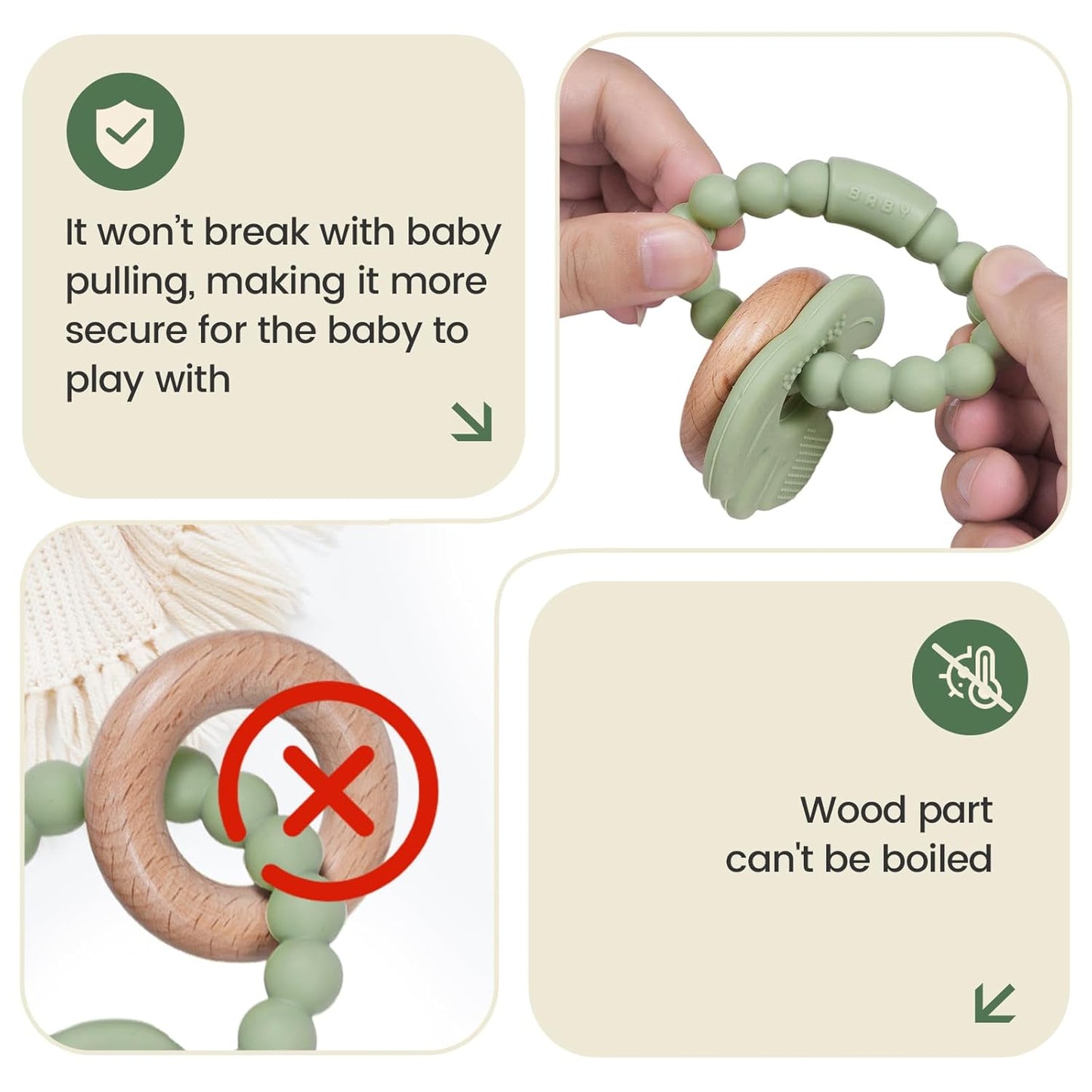 Baby Silicone and Wood Teether Ring Toy,Food Grade Silicone Chew Toys for 3-6,6-12,12-18 Months Newborns,Infants,Toddlers Teething Relief,Safe and Soft,BPA Free,Baby Essentials. (Leaf)