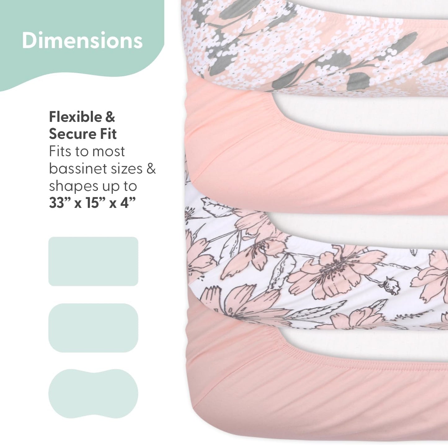 The Peanutshell Baby Organic Bassinet Sheets 4-Pack Unisex - Soft, Oval & Rectangle Baby Girls or Boys Sheet, 100% Jersey Cotton, Fitted Covers for Crib, Halo Bassinet Mattress - Cottage Floral