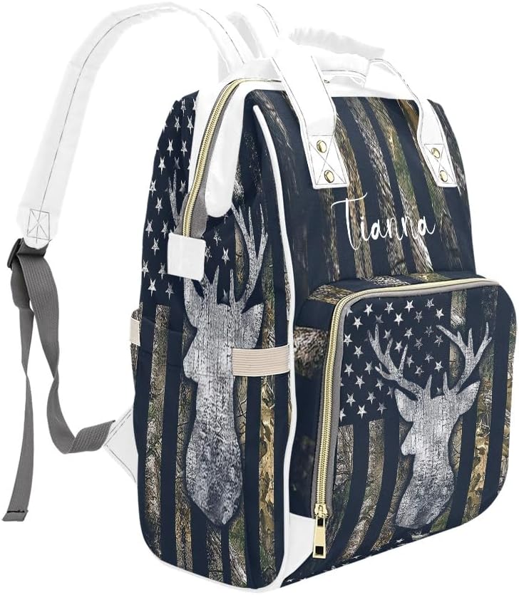 American Flag Camo Deer Diaper Bags with Name Waterproof Mummy Backpack Nappy Nursing Baby Bags Gifts Tote Bag for Women One Size