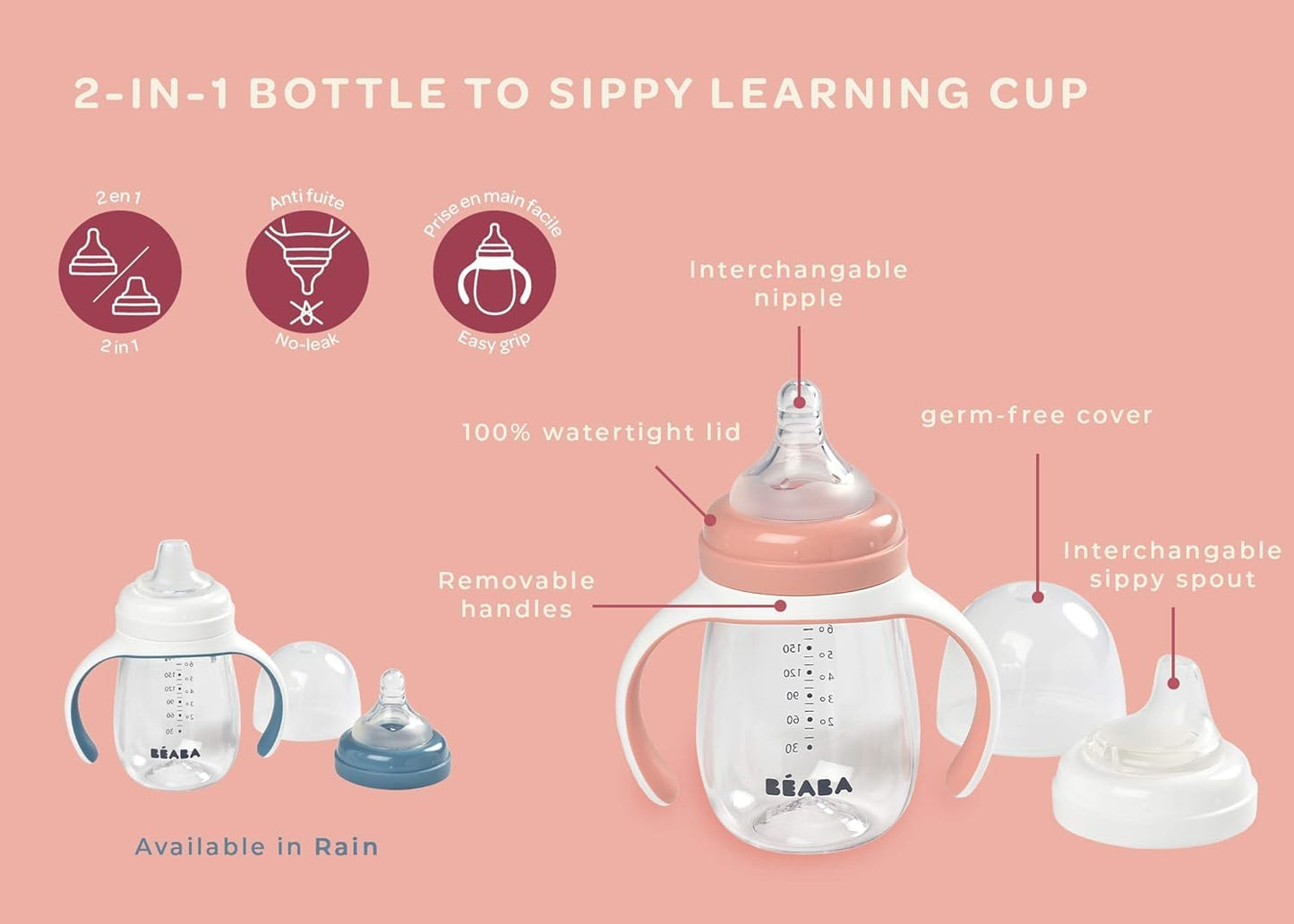 BEABA 2-in-1 Baby Bottle to Transition Sippy Cup, No Spill Sippy Cup, Includes Removable Handles, Silicone Baby Bottle Nipple and Soft Spout, 7 oz Oat