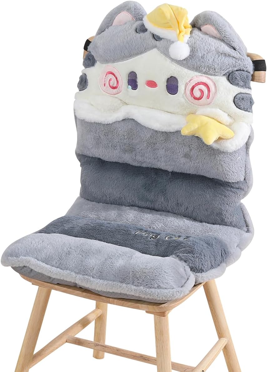 Cartoon Cat Seat Pads Non Slip Machine Wash Soft Cushion for Bedroom Décor, Gamer and Dining Chairs (35"x17", Grey)