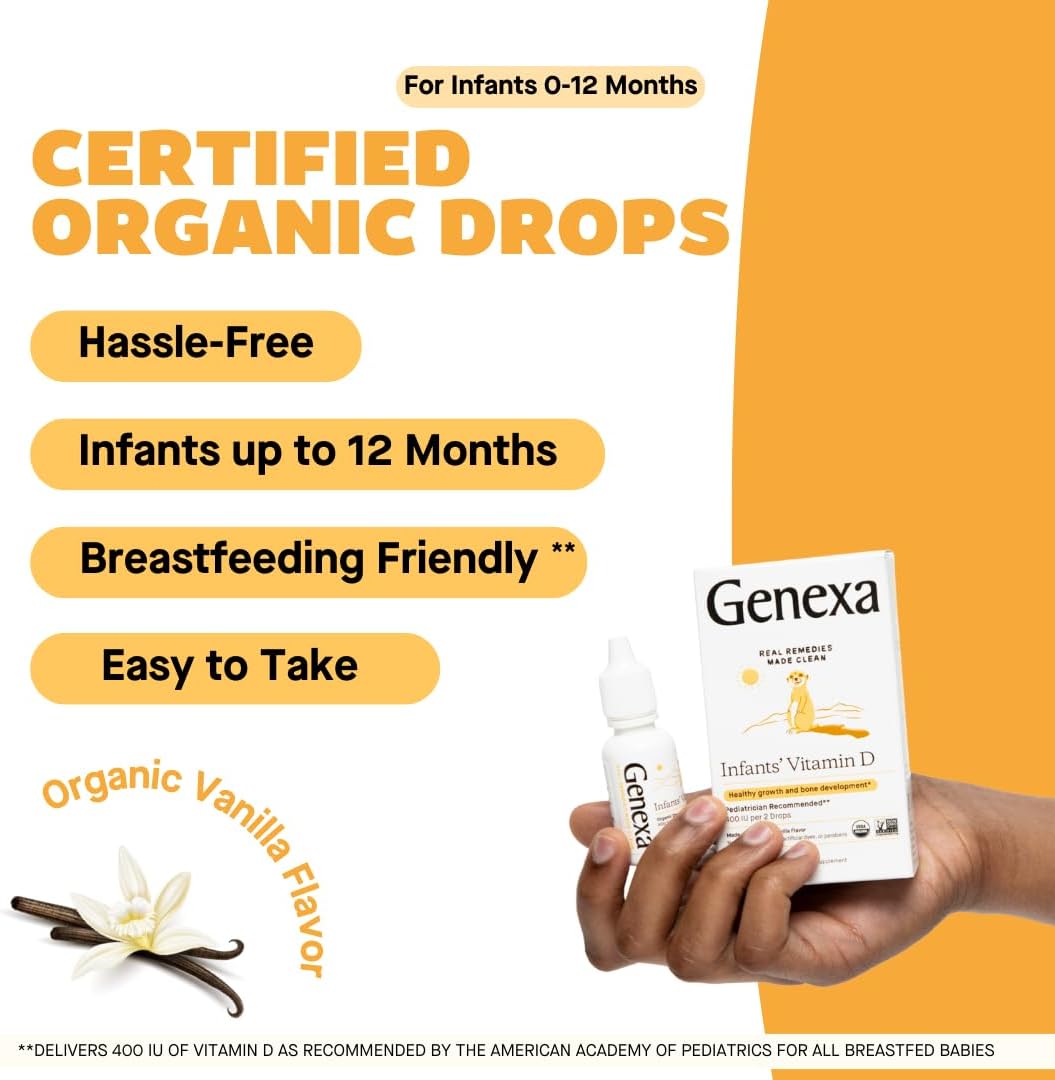 Genexa Infants Vitamin D Liquid Drops for Newborn, Baby & Toddler | Supports Growth & Bone Development | Delicious Organic Vanilla Flavor | Certified Organic, Gluten Free, & Non-GMO | 90 Servings