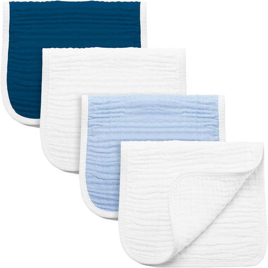 Synrroe Burp Cloths Large, Muslin Burp Cloths for Baby Girls and Boys, Pack of 4 Extra Absorbent and Soft Muslin, 6 Layers 20 by 10 Inches 100% Cotton (Blue Sets 4 Pack)
