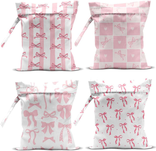 4 Pack Wet Bag for Swimsuit, Beach Travel Essentials Wet Dry Bag, for Sunscreen Toiletry Dirty Clothes Yoga Gym Diaper, Friend Summer Beach Vacation Gifts. Pink Bow Series