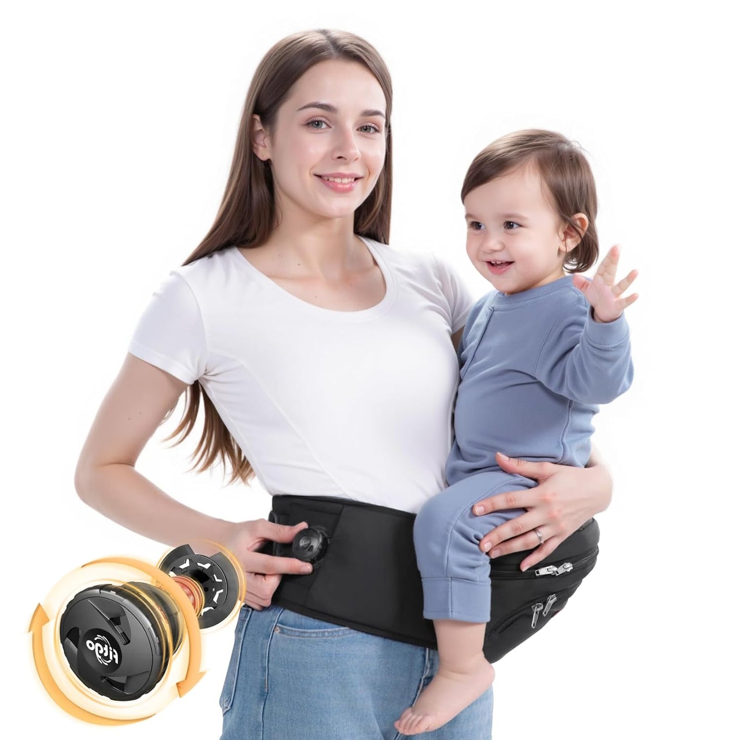 Baby Carrier with Hip Seat, Parent-Approved Baby Hip Carrier & Toddler Carrier, Comfortable Wide Waist & Lumbar Support, Thick Seat with Storage, Adjustable Knob, Supports 44lbs, Black
