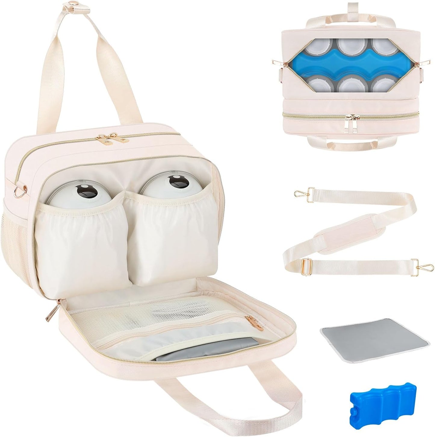 PIIOSER Breastmilk Cooler Bag with Ice Pack, Fits 6 Baby Bottles Up to 9 Ounce, Insulated Bottle Travel Bags with Shoulder Strap-Wearable Breast Pump Carrying Case for Nursing & Working Moms