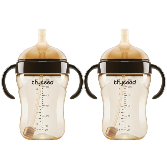 Thyseed PPSU Weighted Straw Cup with Handles Toddlers Transition Bottles to Sippy Cups No Spill Learner Milk Water Baby Bottle Soft Silicone Spout Dishwasher Safe BPA Free 6+ Months 10oz/300mL 2 Pack