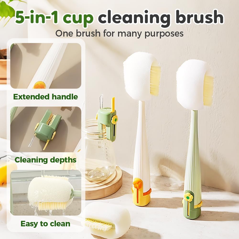 5 in 1 Bottle Cleaning Brush, Multifunctional Water Bottles Cleaner Brushs Portable Bottle and Lid Cleaning Brush Tool, Straw Cleaner Brushs for Baby Bottles Tumblers Glass Cups (2, Mix)