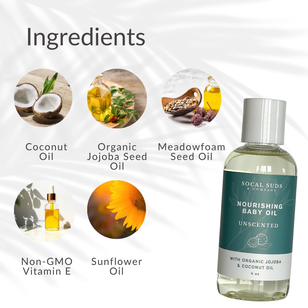 SoCal Suds & Company - Natural & Organic Baby Oil -Newborn Essentials -Gentle Moisturizing Nourishing Oil for Delicate Tender Skin -Vitamin-Enriched with Jojoba and Sunflower Oils -Fragrance Free, 4oz