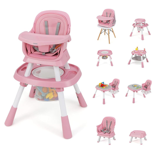 INFANS 9 in 1 High Chair, Convertible Baby Highchair for Babies and Toddlers, Table and Chair Set Building Block Infant Dining Booster Seat, Kids Stool with Activity Children Play Kitchen (Pink)
