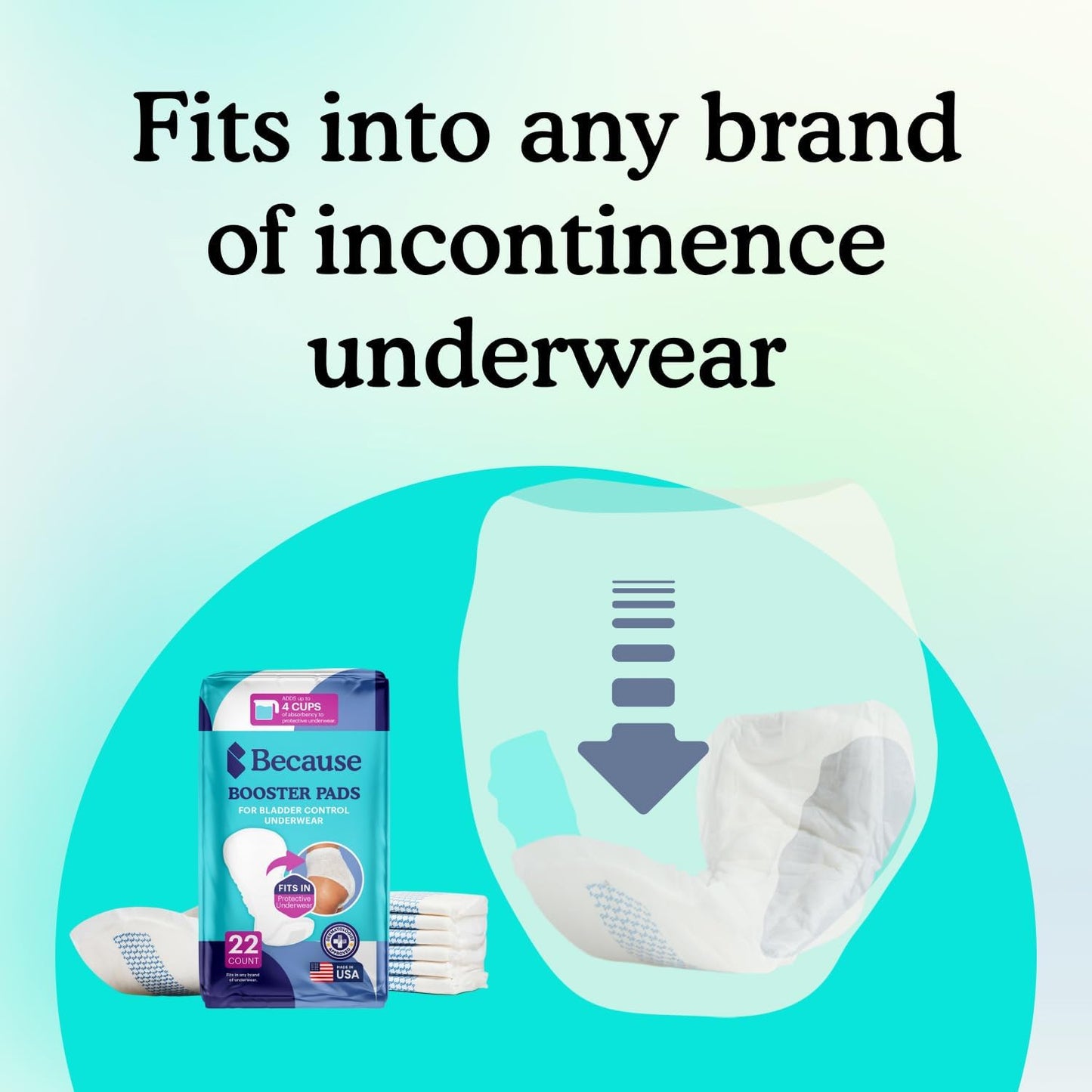 Because Overnight Booster Pads Fit All Adult Diapers, Helps Keep Your Adult Diaper Active All Night, Adds 4 Cups to Incontinence Underwear, Extra Absorbency, 22 Count (Packaging May Vary)
