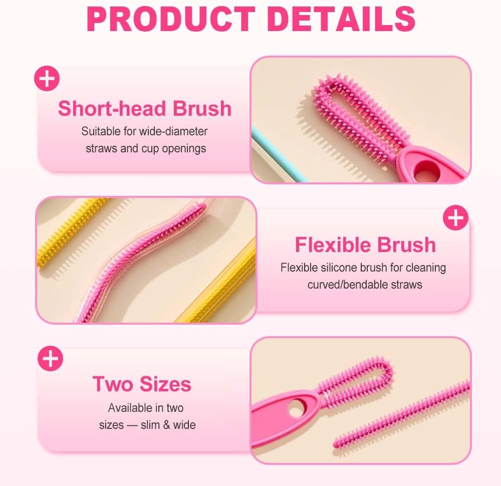 Extra Long Straw Cleaner Brush, Reusable Soft Silicone Cleaning Brush for Tumbler Lid Crevices, Glass Metal Smoothie Straws with Non Slip Handle (Yellow + Blue)