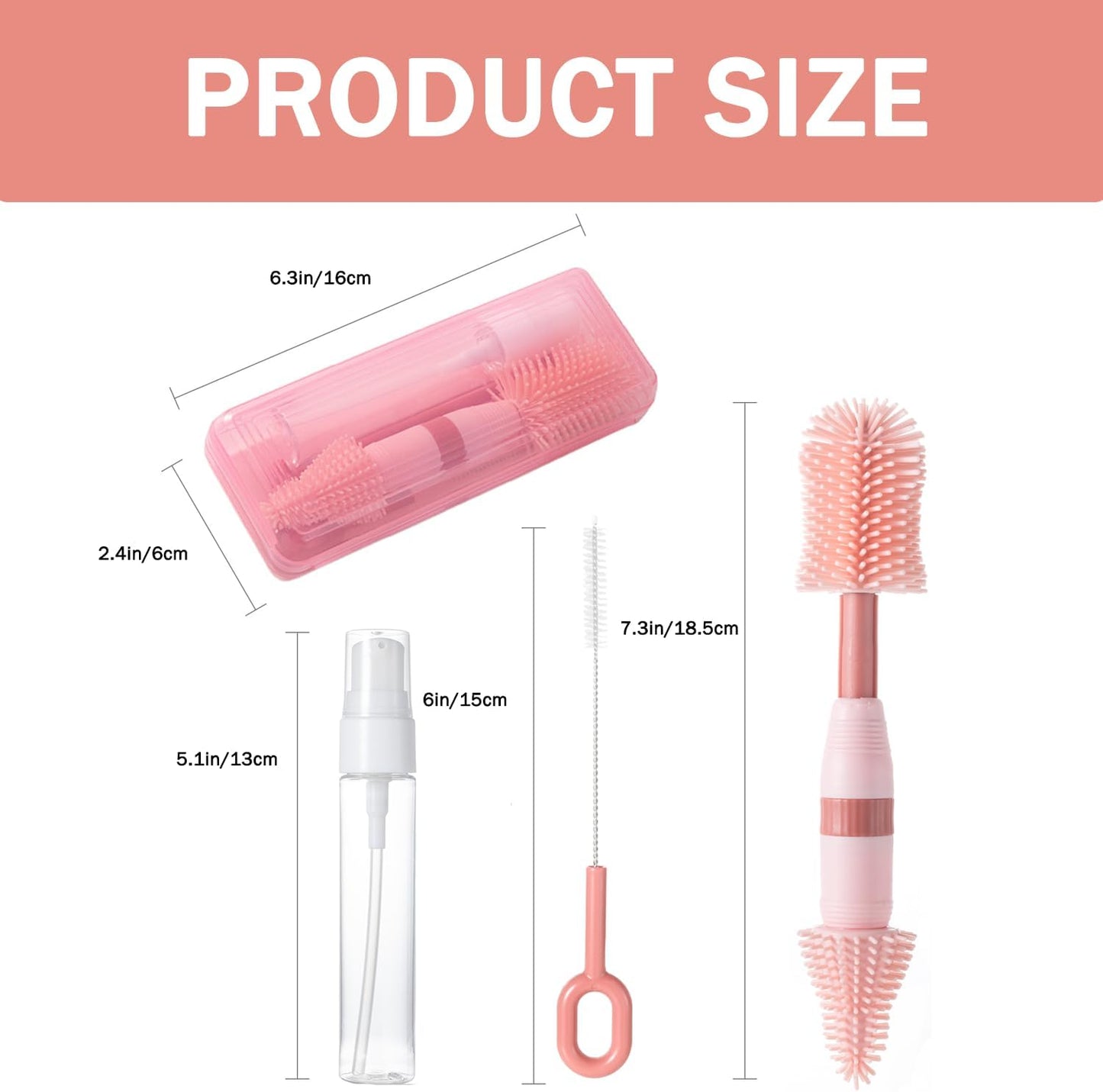 Travel Bottle Brush, 6-in-1 Portable Travel Bottle Cleaner Kit with Small Bottle Brush Built in Drying Rack, Nipple Brush, Straw Brush, Soap Dispenser, for Baby Bottles Under 8 OZ, BPA-Free(Pink)