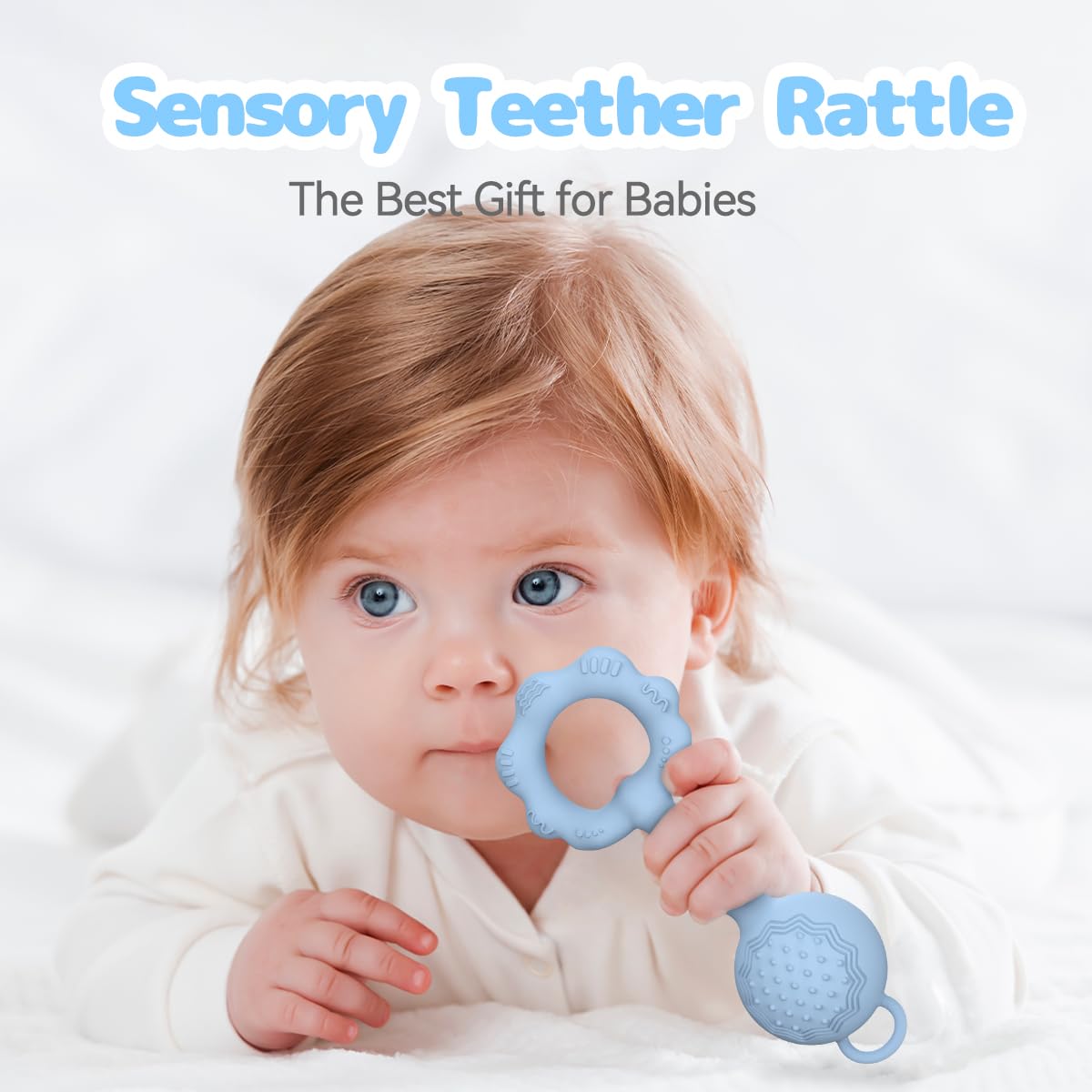 Teethers for Babies 6-12 Months, Rattles for Babies 0-6 Months, 2-in-1 Rattle and Teether Toy for Soothing Sore Gums and Keeps Little Ones Entertained, Food Grade Silicone, Blue