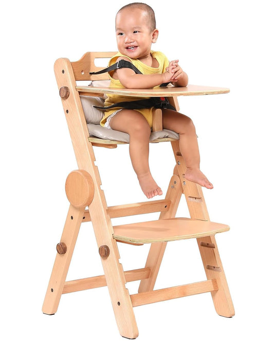 Toddler High Chair Wooden, Baby Highchair with Adjustable Tray and Foot Rest, Folding Wood High Chair for Dining, 6 Months up to 300 Lb