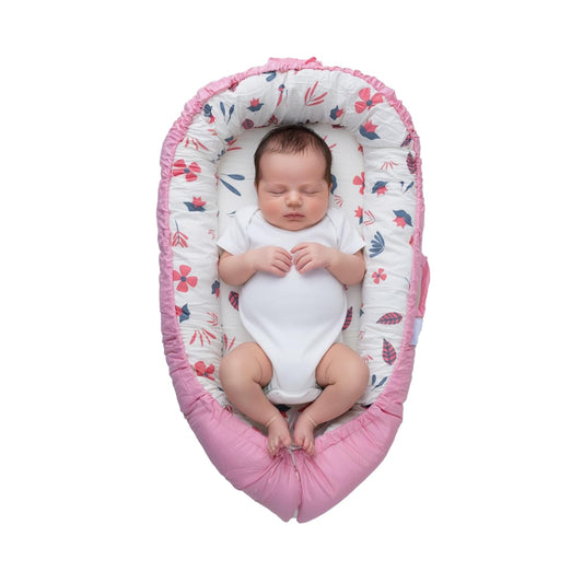 TKC Baby Lounger 0-24 Months | Adjustable Infant Lounger | Breathable Organic Cotton Cover | Reversible Floral Pattern | Includes Matching Swaddle Blanket | Portable Baby Nest